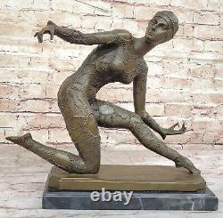 Vintage Bronze Art Déco Femelle Danseuse Signée Demetre Marbre Base Figurine