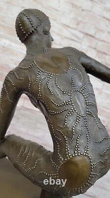 Vintage Bronze Art Déco Femelle Danseuse Signée Demetre Marbre Base Figurine
